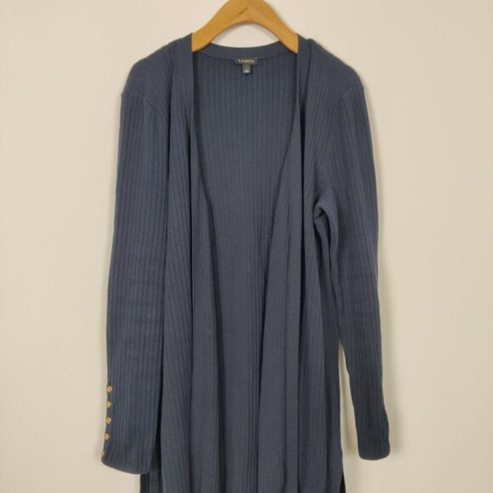 Talbots Women's Open Front Ribbed Cardigan Navy Blue Size Large Cotton Nautical
